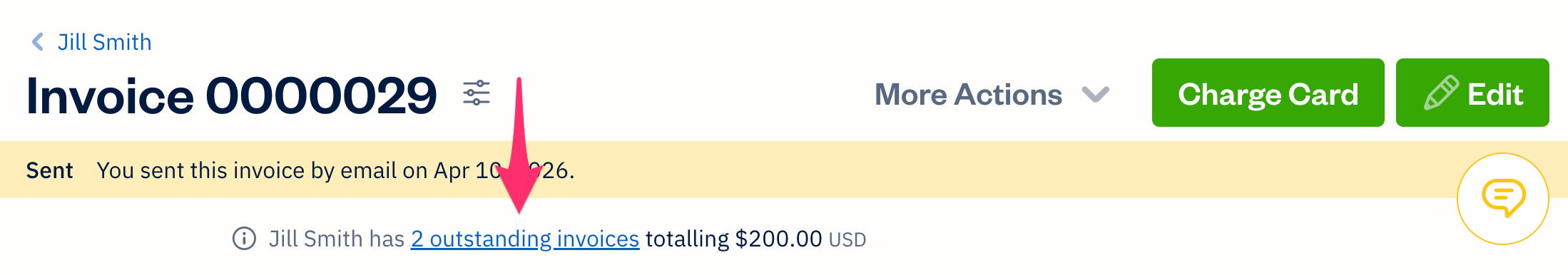 Client has 2 outstanding invoices link selected under the invoice number and invoice history bar.