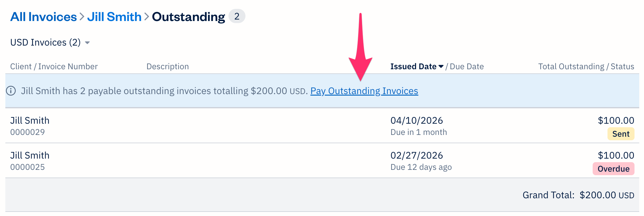 Pay outstanding invoices link above list of invoices.