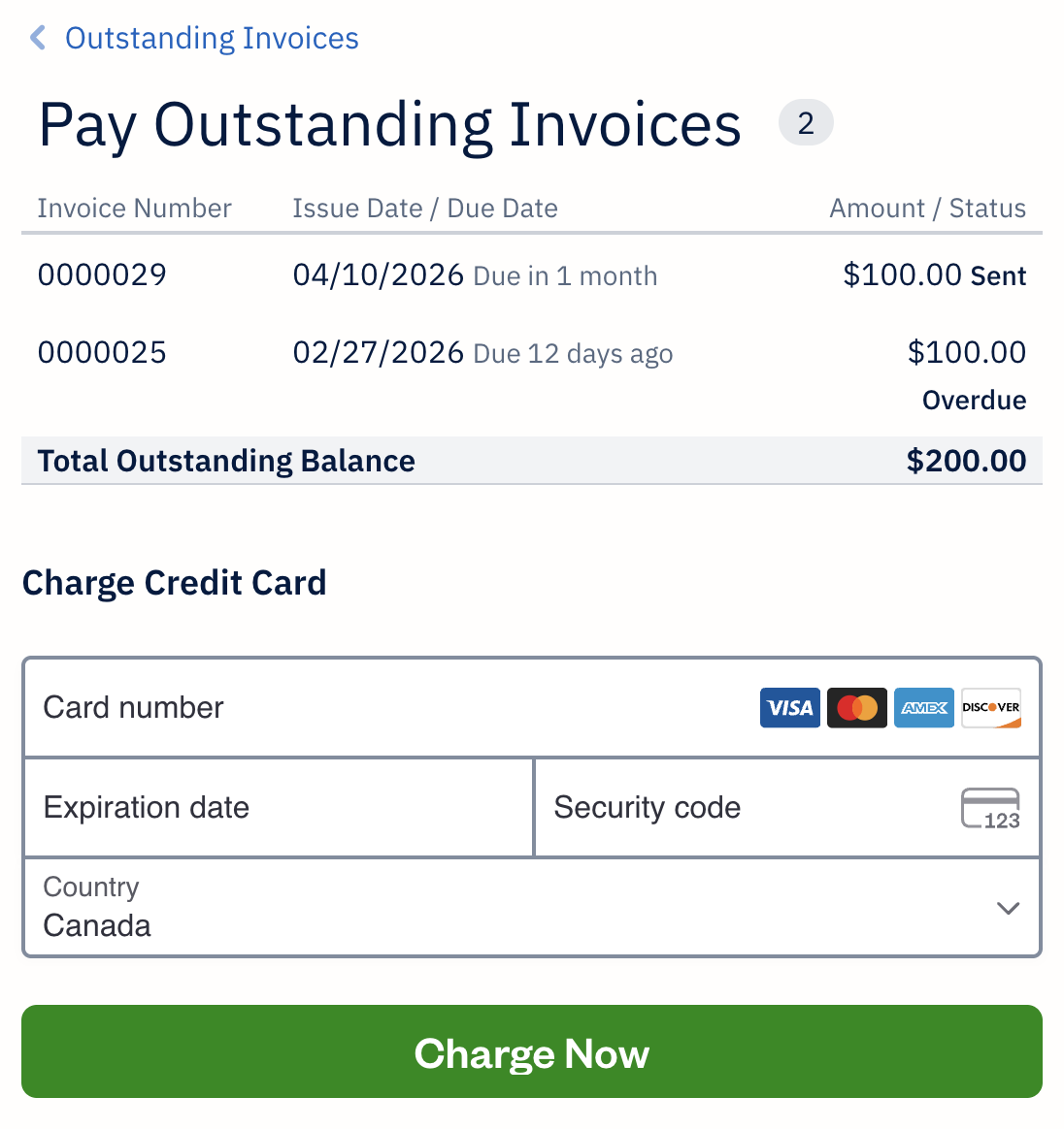 Pay outstanding invoices with summary of outstanding balance and fields to fill out with payment information.