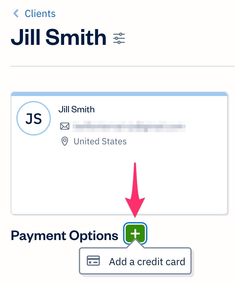 Client profile with payment options selected with option to add a credit card.