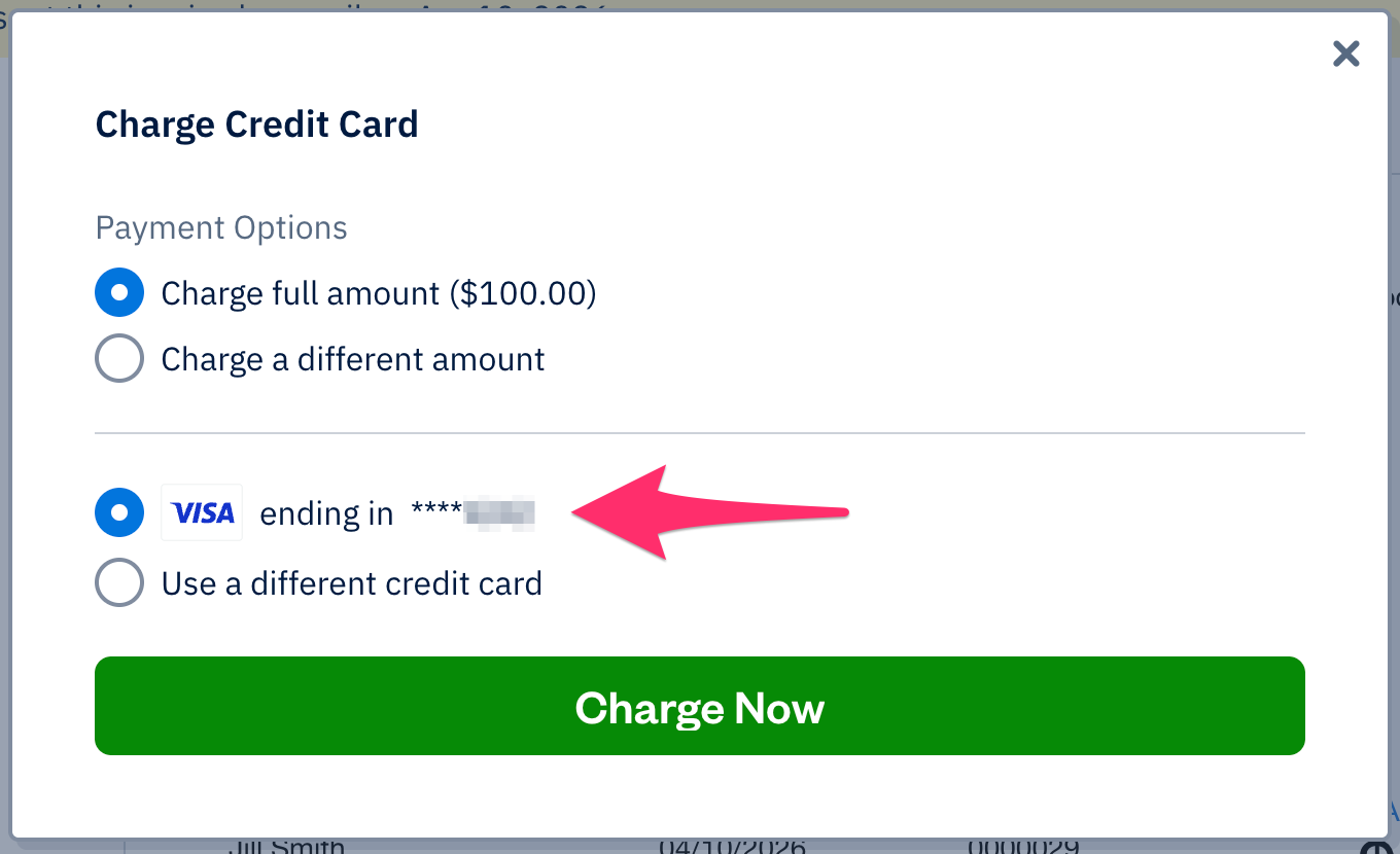 Charge credit card pop-up with a saved credit card selected.