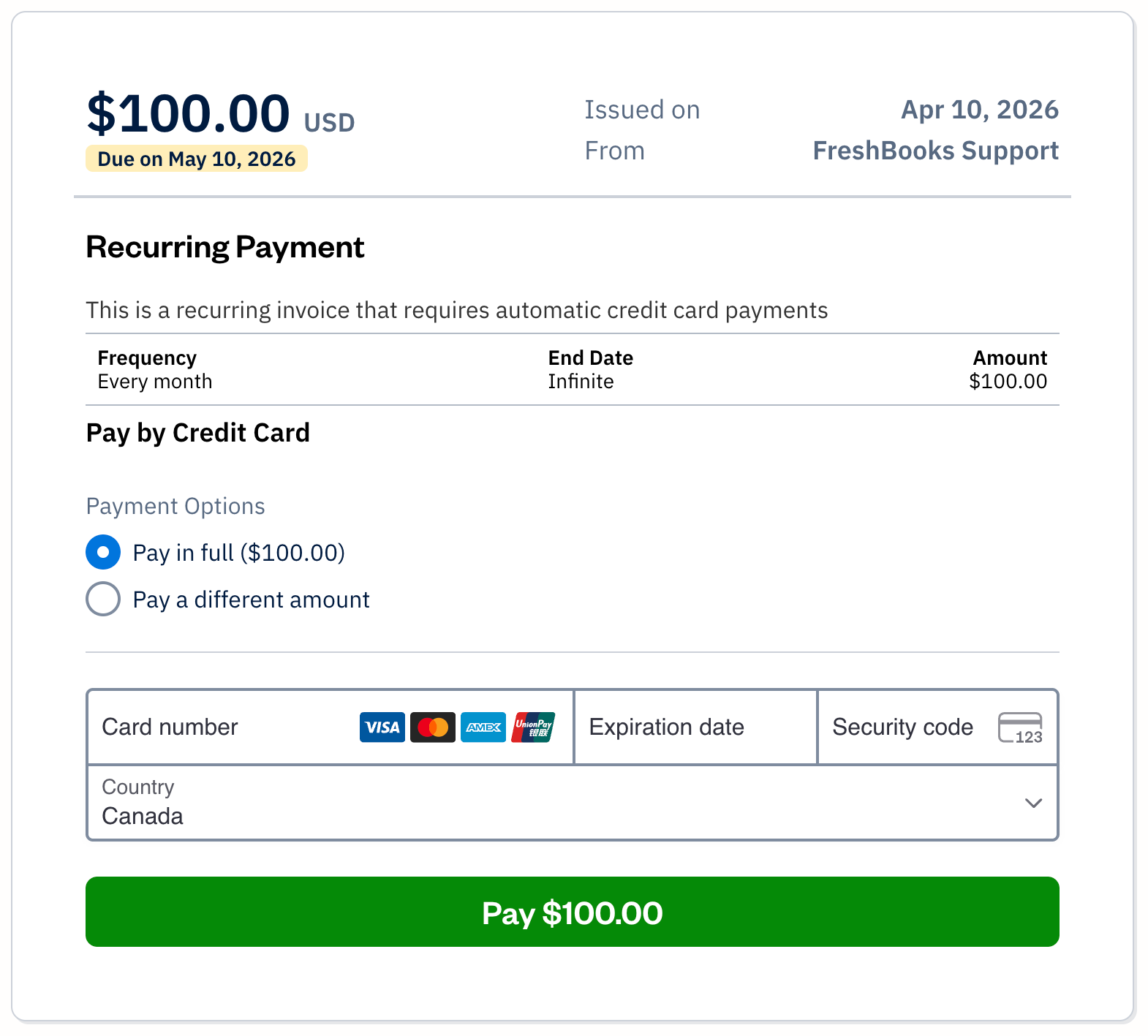 Client view of invoice with recurring payment active and fields to enter payment information.