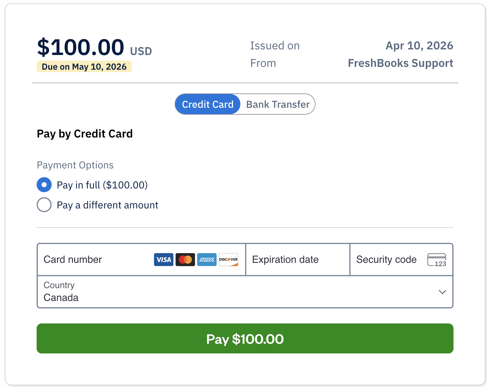 Credit card sub-tab selected with fields to fill out for credit card payment.