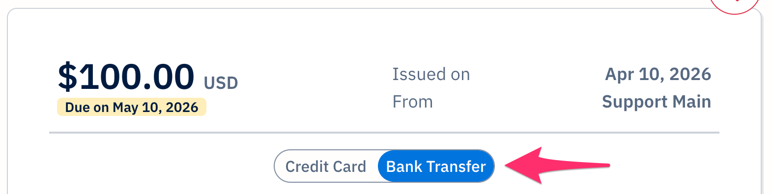 Client invoice with bank transfer sub-tab selected.