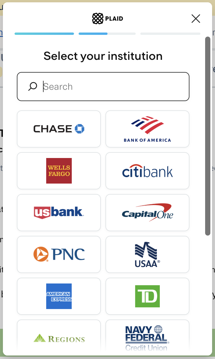 List of banks shown with search field to search for banks.