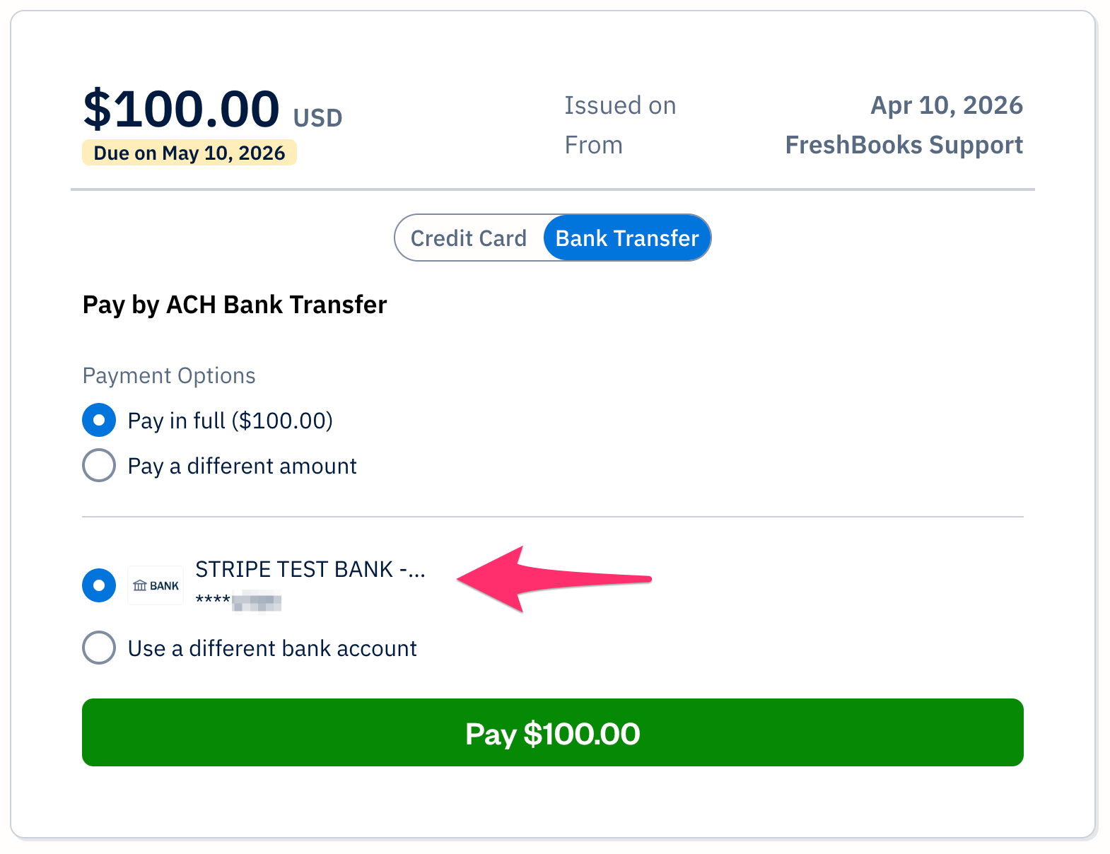 Saved bank account in the pay by ACH bank transfer option.