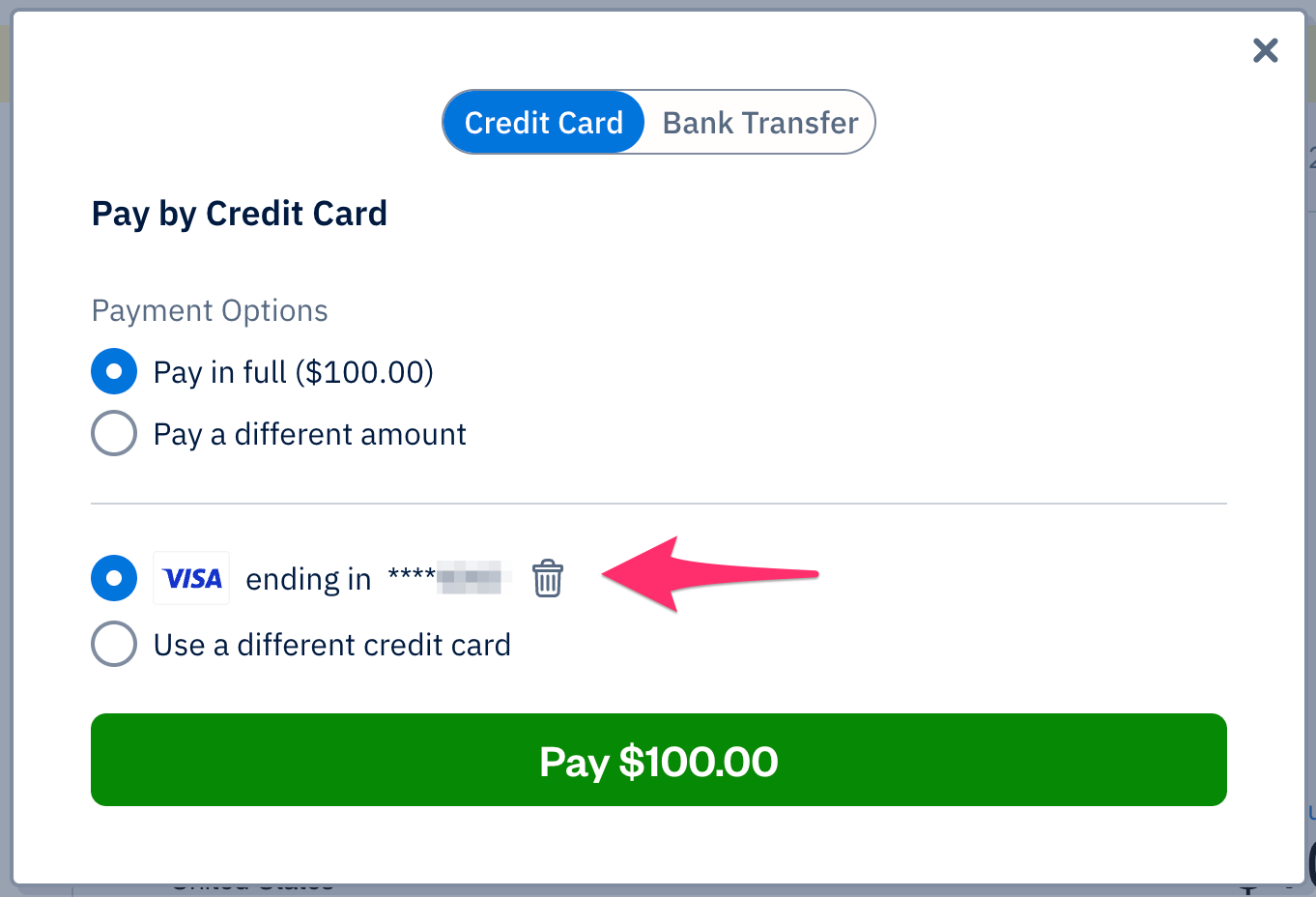Trash can icon next to saved credit card.