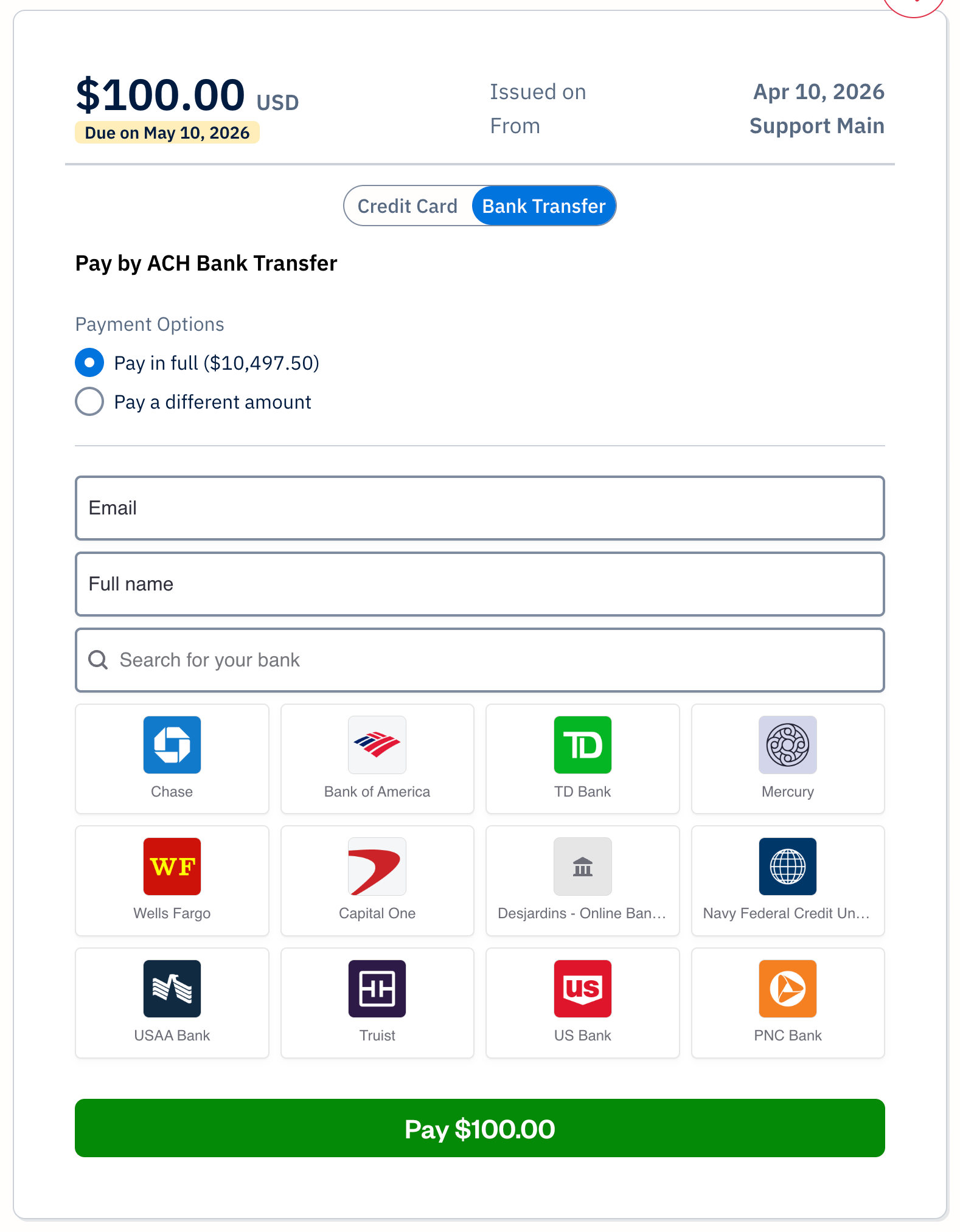 Invoice with fields for email, full name, and search for your bank visible.
