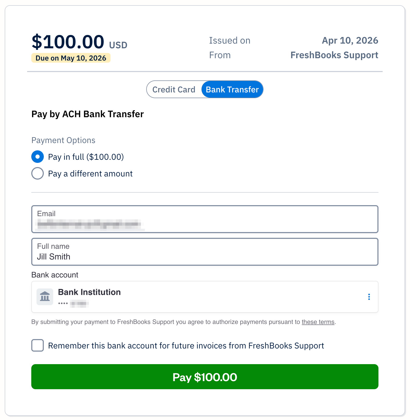 Pay $100.00 button shown on invoice.
