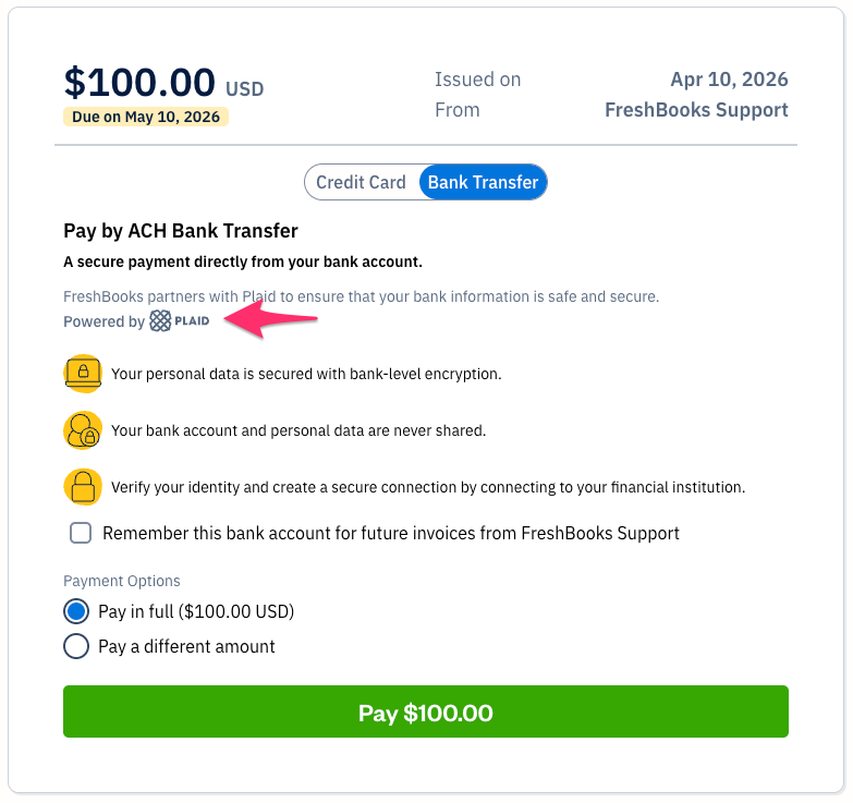 Powered by Plaid displayed on invoice.