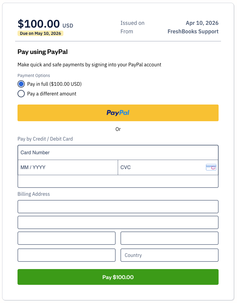 PayPal button with fields to fill out for payment information.