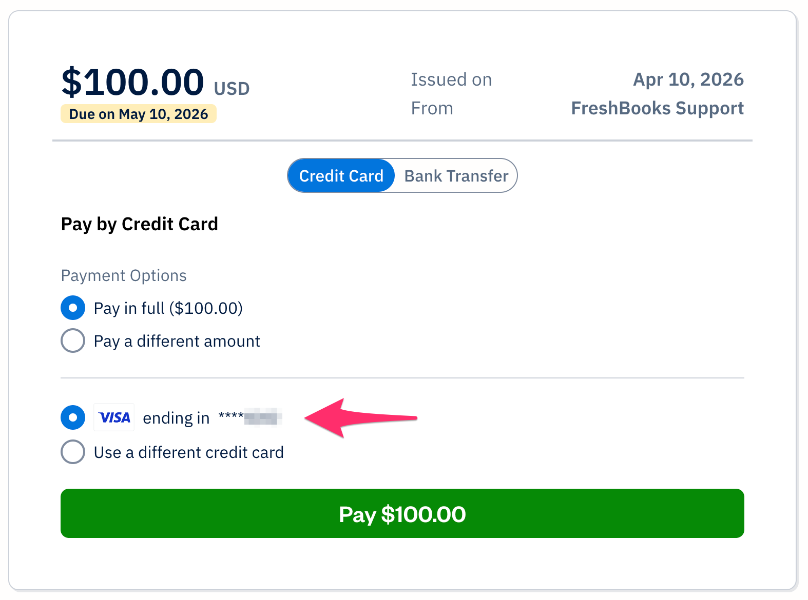 Saved credit card in the pay by credit card option.