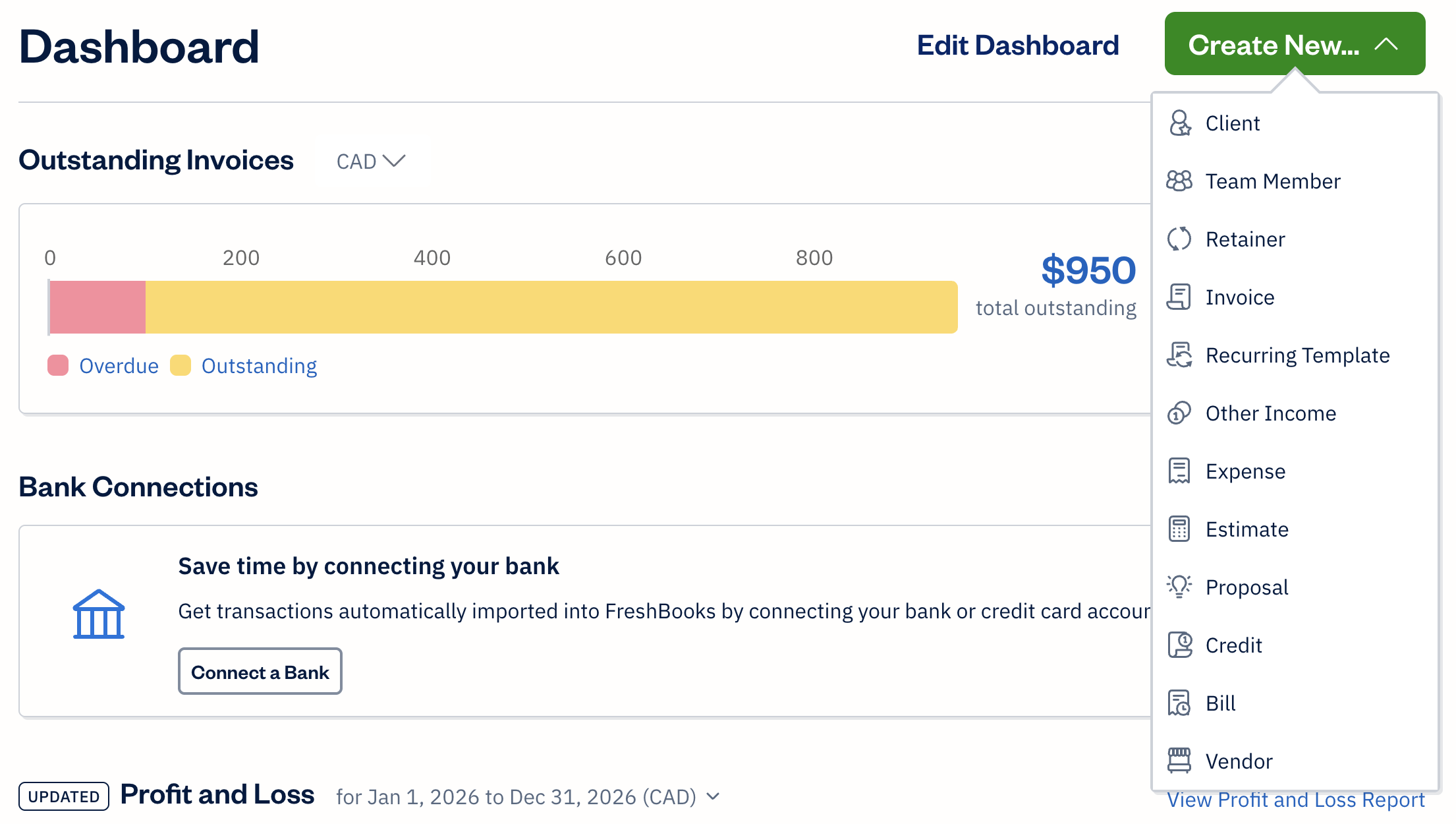 Dashboard with create new button displaying options under create new.