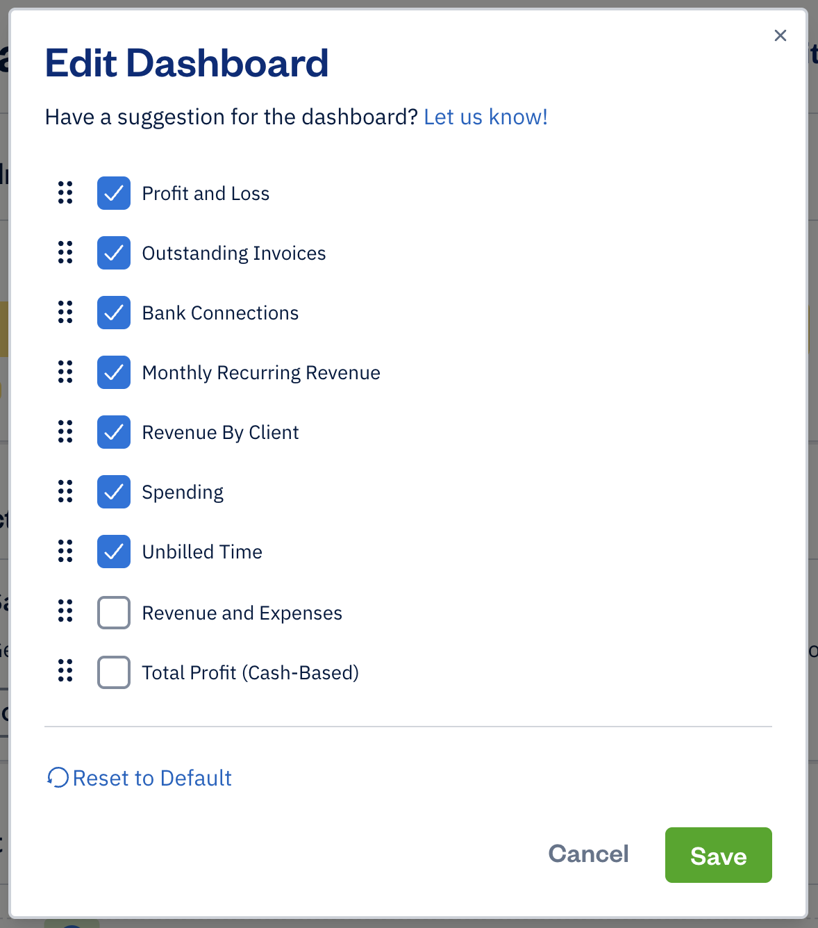 Edit dashboard with checkboxes to check off or uncheck to show or hide a graph.