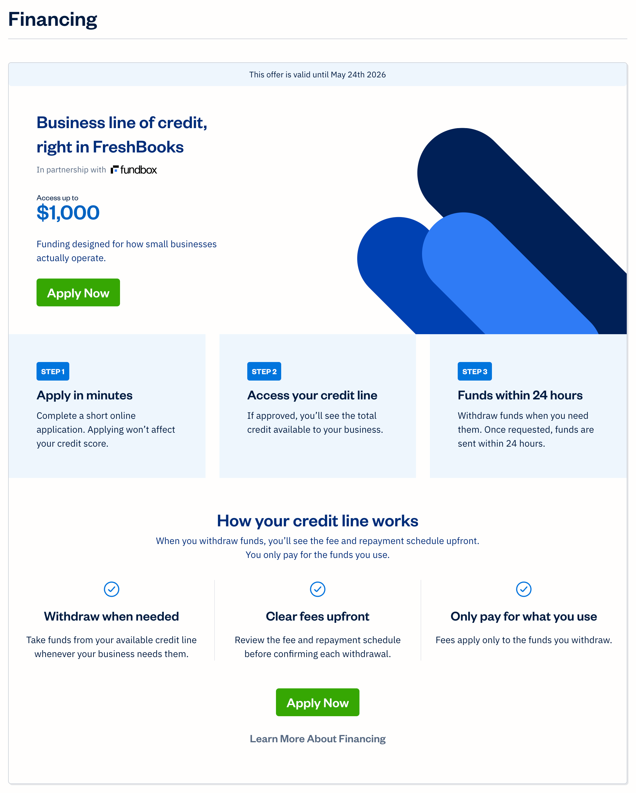 Financing page with an offer from Fundbox available.