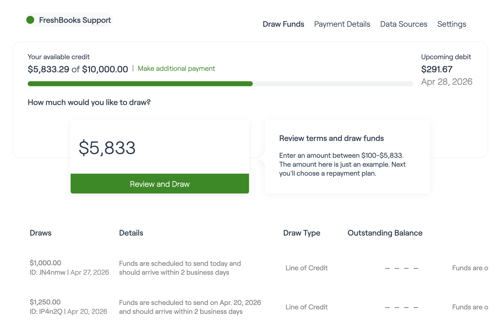 Financing page with Fundbox financing displaying funds available to draw from and sub-tabs to select.