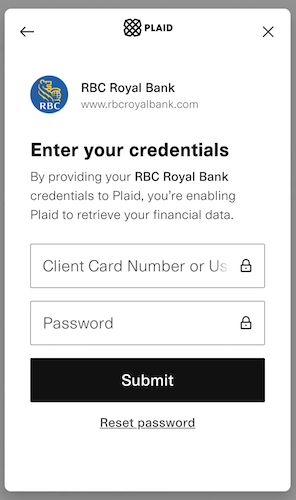Bank connection with Plaid with fields for login info to online banking.