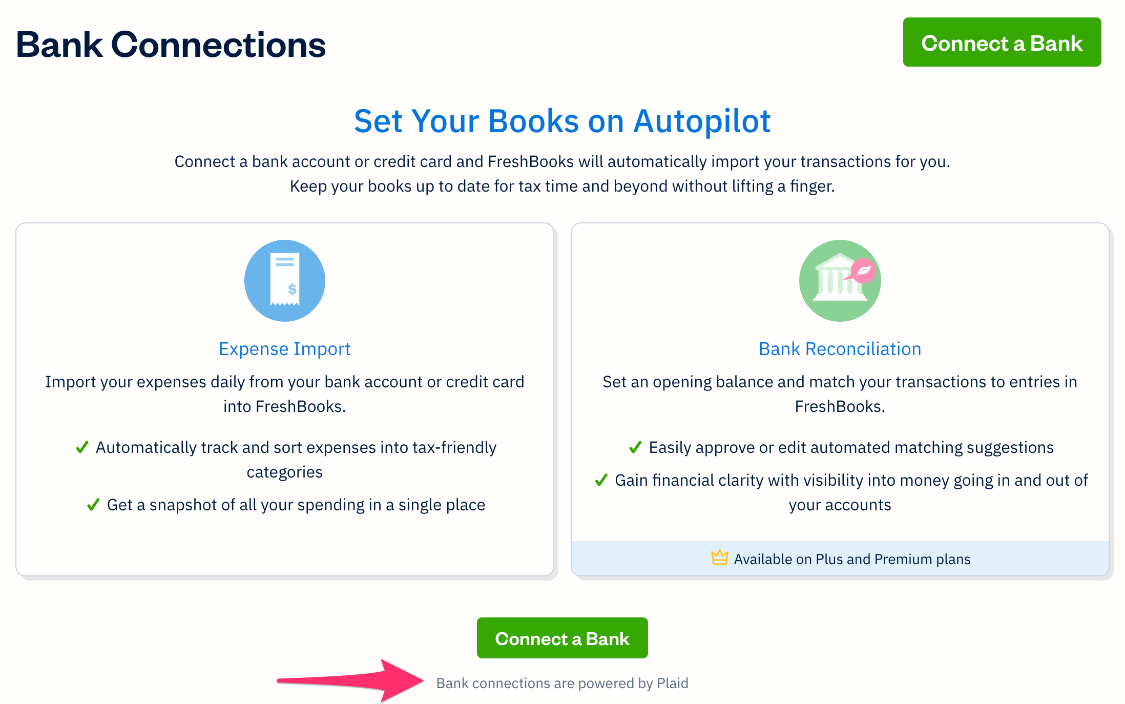 Bank Connection section displaying info on how to connect to Plaid with a connect a bank button.
