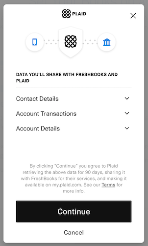 Bank connections with Plaid screen detailing data shared with FreshBooks.