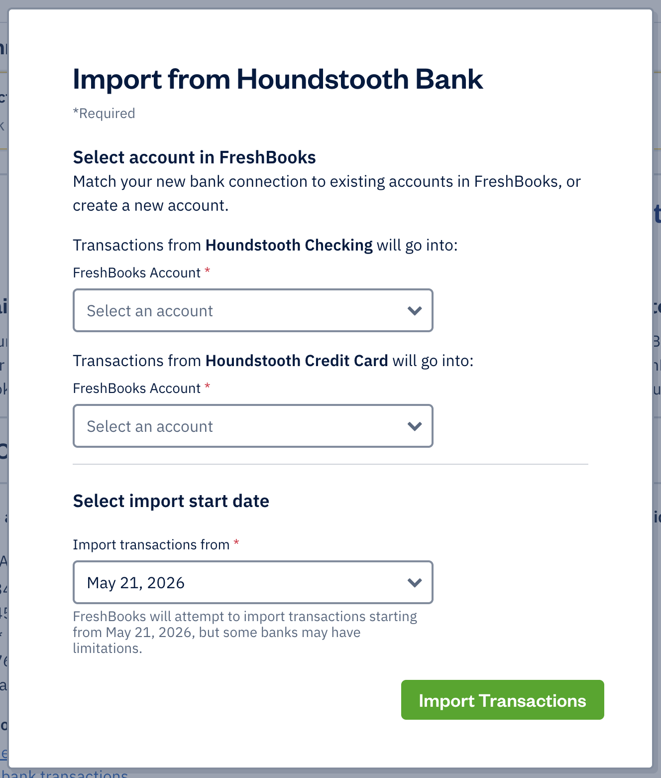 Import from bank with two dropdowns to choose which account to map previous bank connections to.