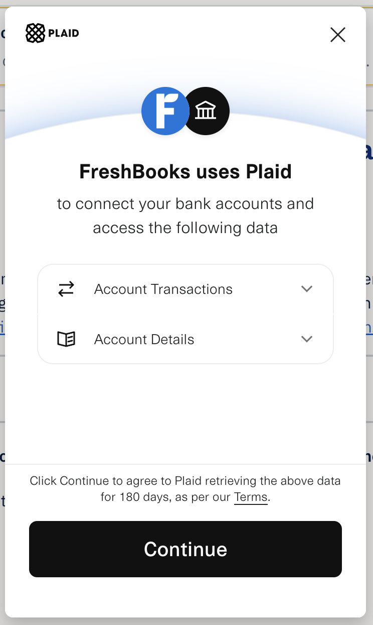 Bank connection via Plaid with button to confirm connection consent.