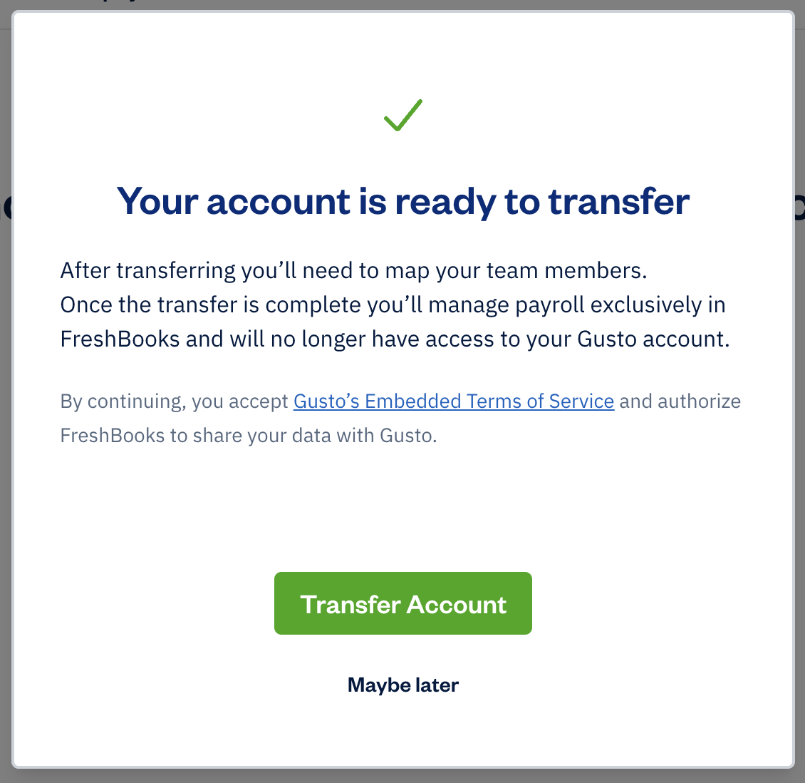 Notification indicating account is ready to transfer.