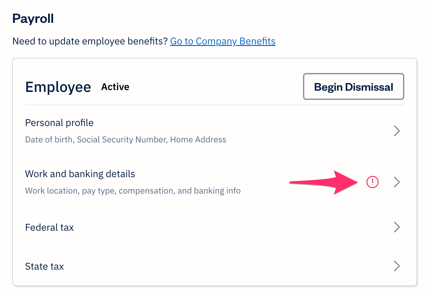 Team member profile with payroll section indicating work and banking details have a sync error.
