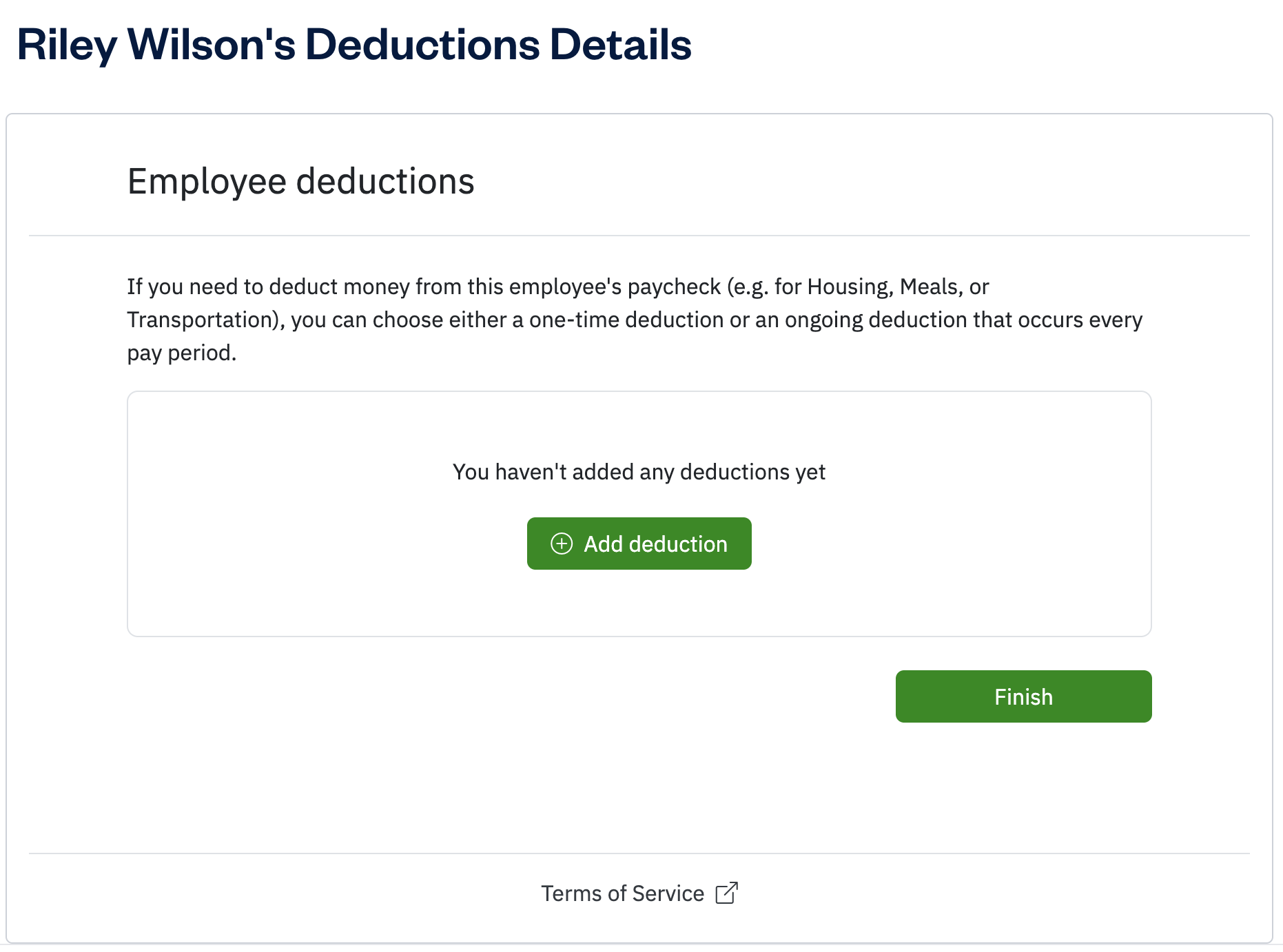 Employee deductions screen with add deduction button available.