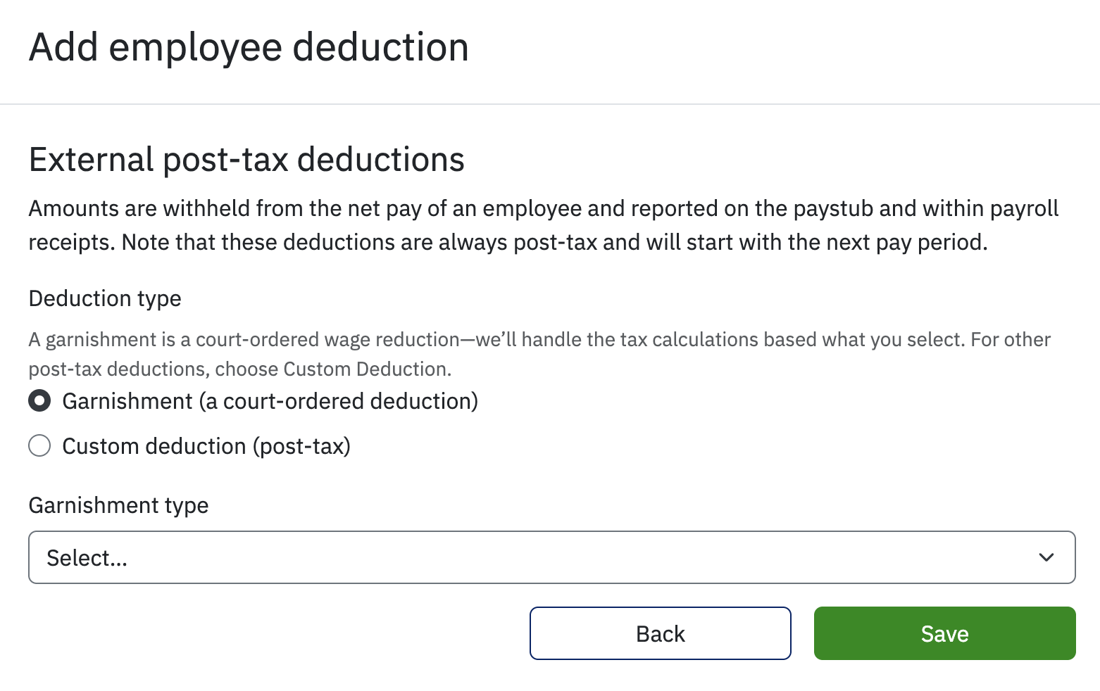 Add employee deduction with garnishment selected.