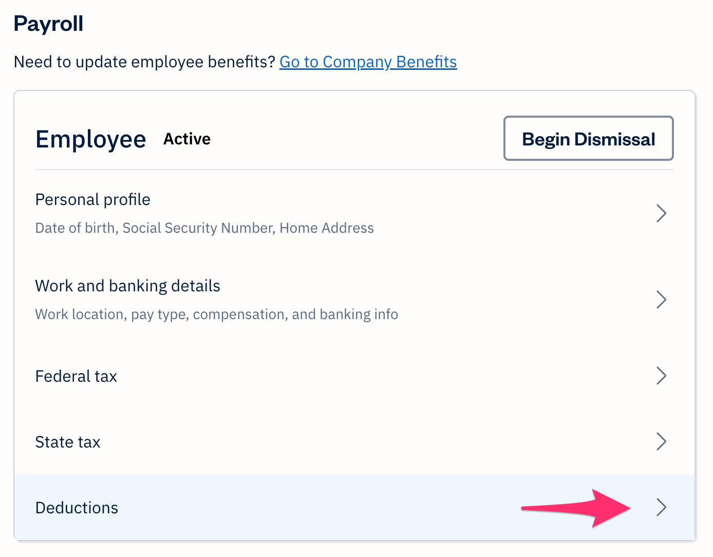 Employee's payroll settings with deductions selected from list of options.