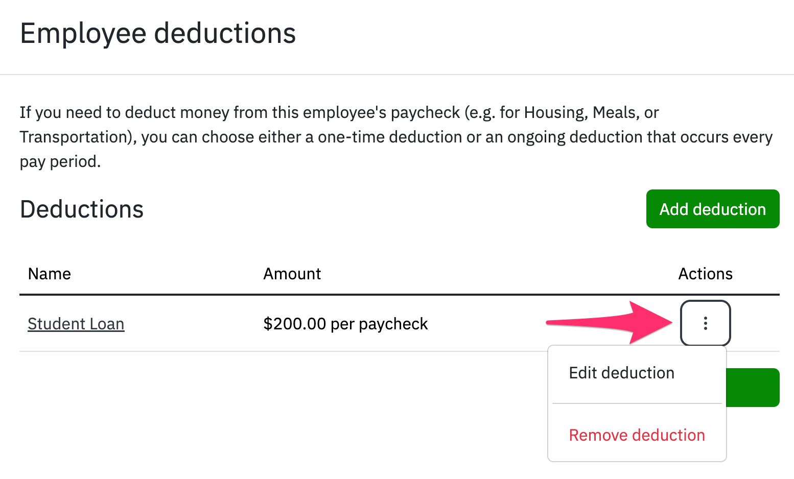 Deduction with option to edit or remove deduction selected next to it.