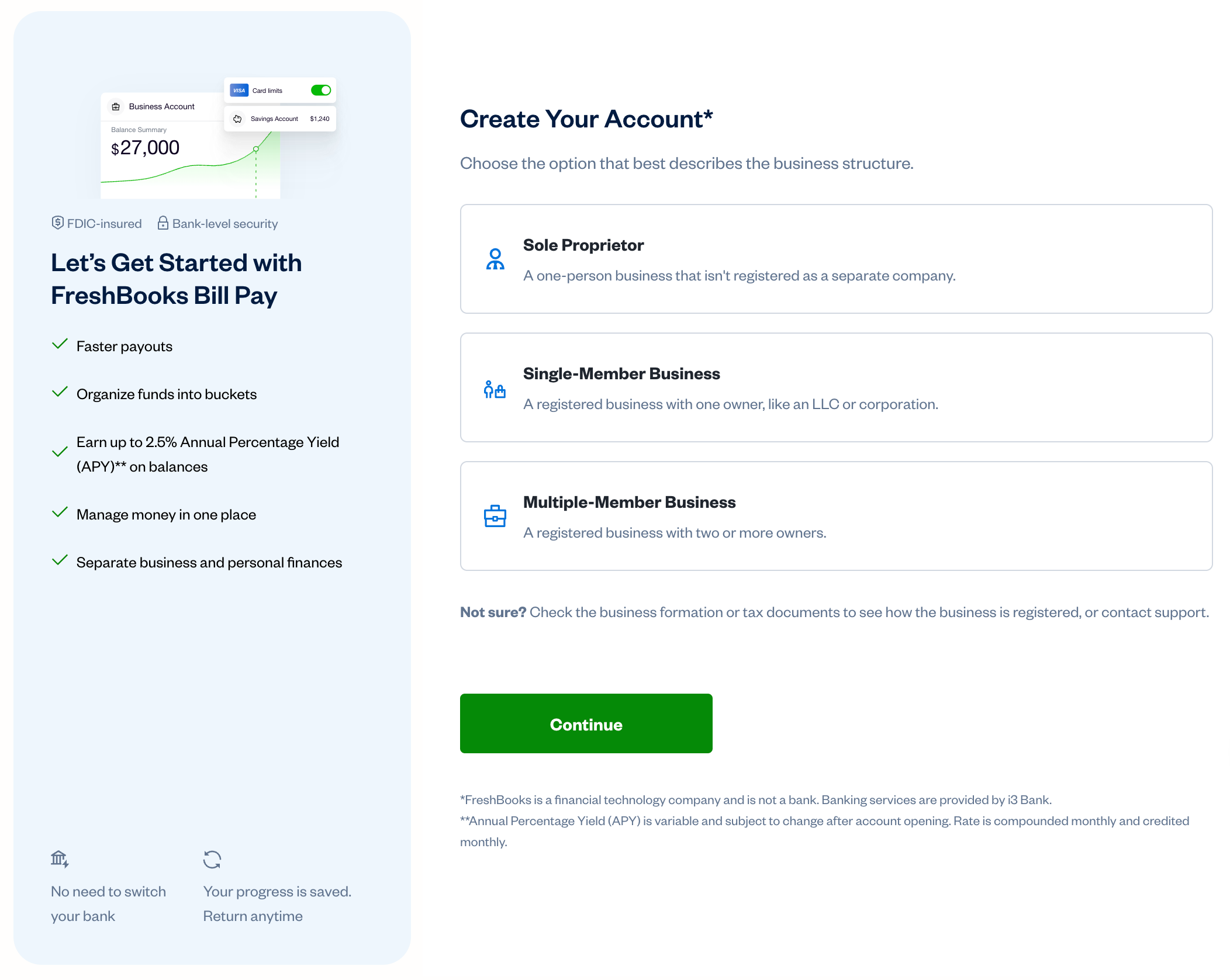 Let's get started page with three options for creating an account based on business structure.