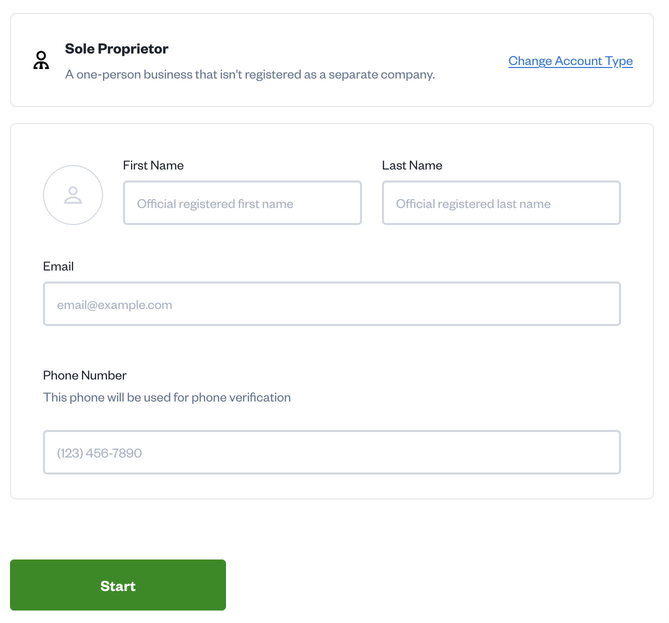 Sole proprietor option with fields to fill out.