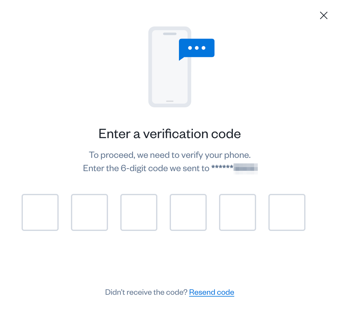Verification code screen with field to enter 6 digit code.