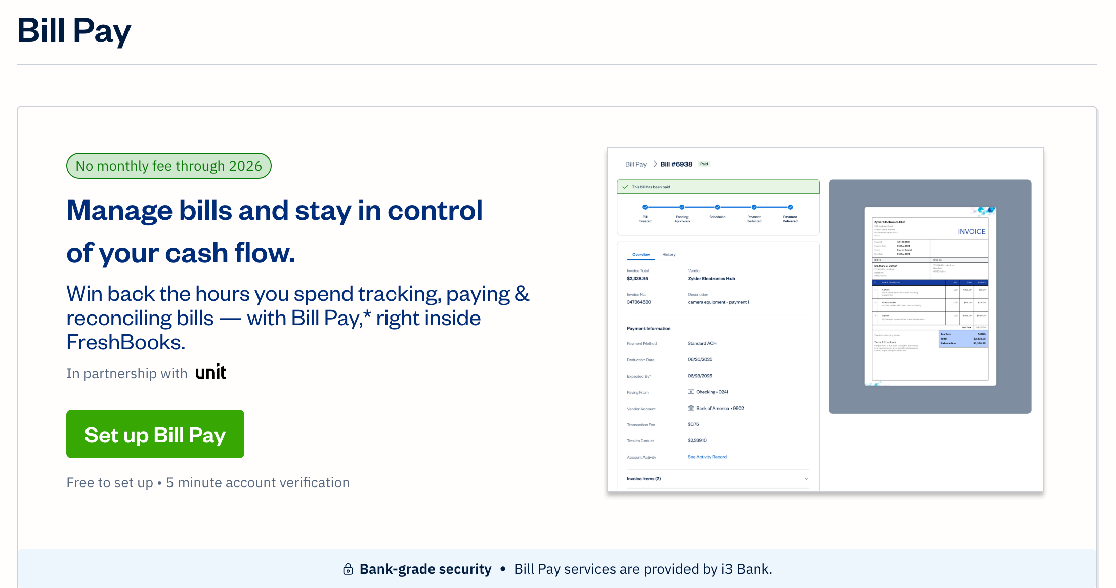 Bill pay information with set up bill pay button.