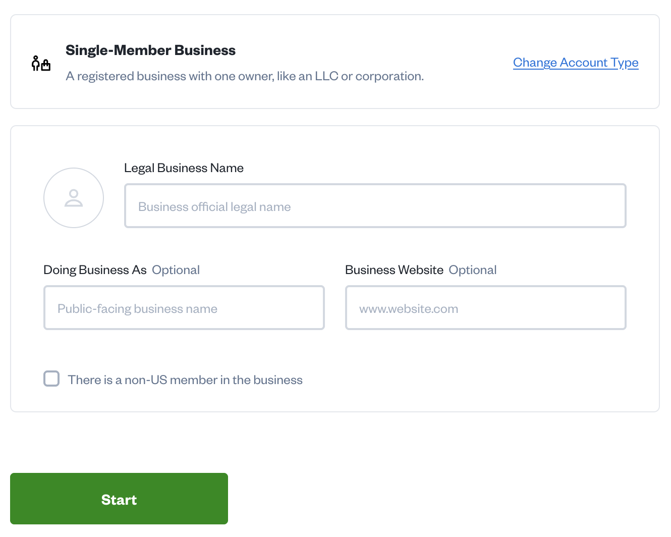 Single member business option with fields to fill out.