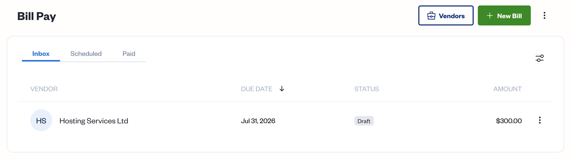 Bill Pay with inbox view visible and one bill listed.