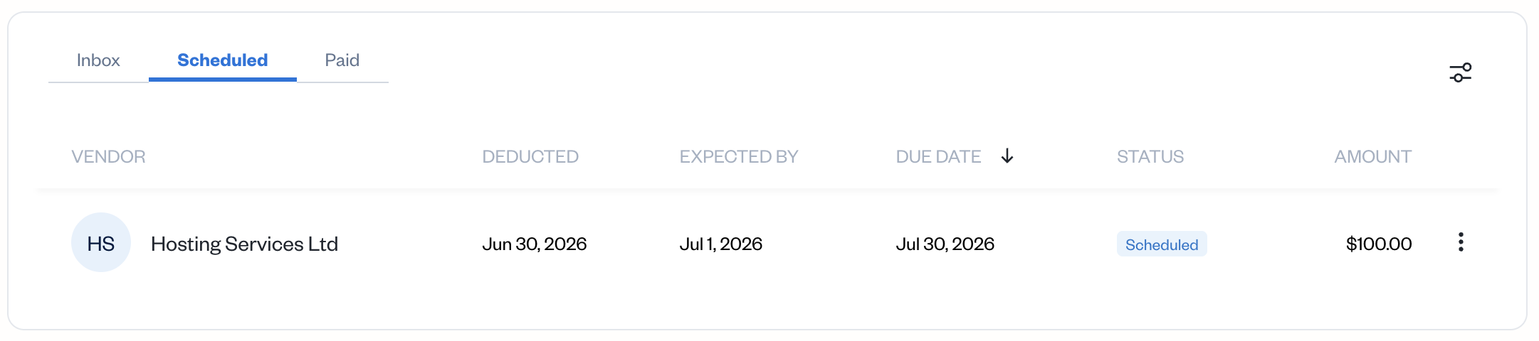 Bill pay with scheduled view visible and one bill with scheduled payment listed.