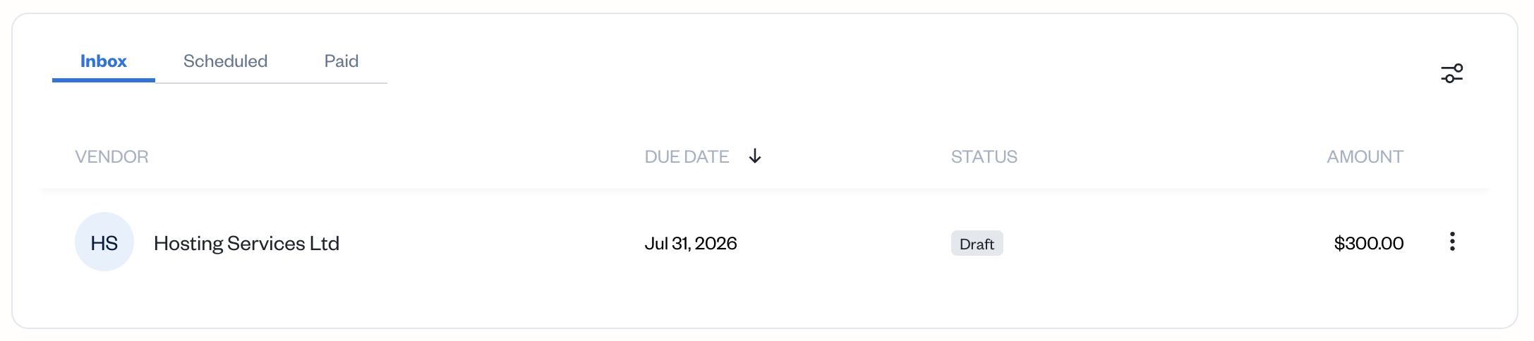 Bill pay section with inbox view selected and one draft bill listed.