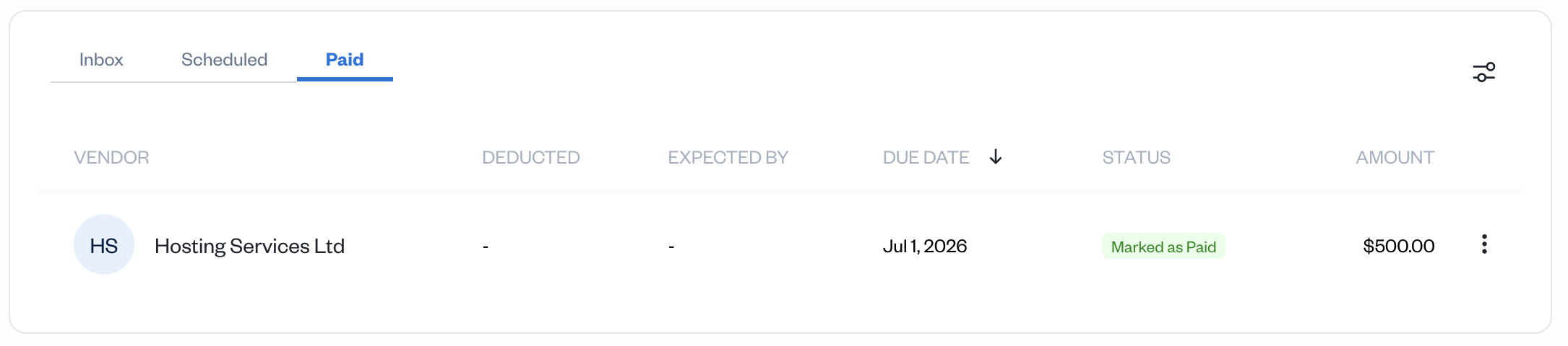 Bill pay with paid view visible and one paid bill listed.