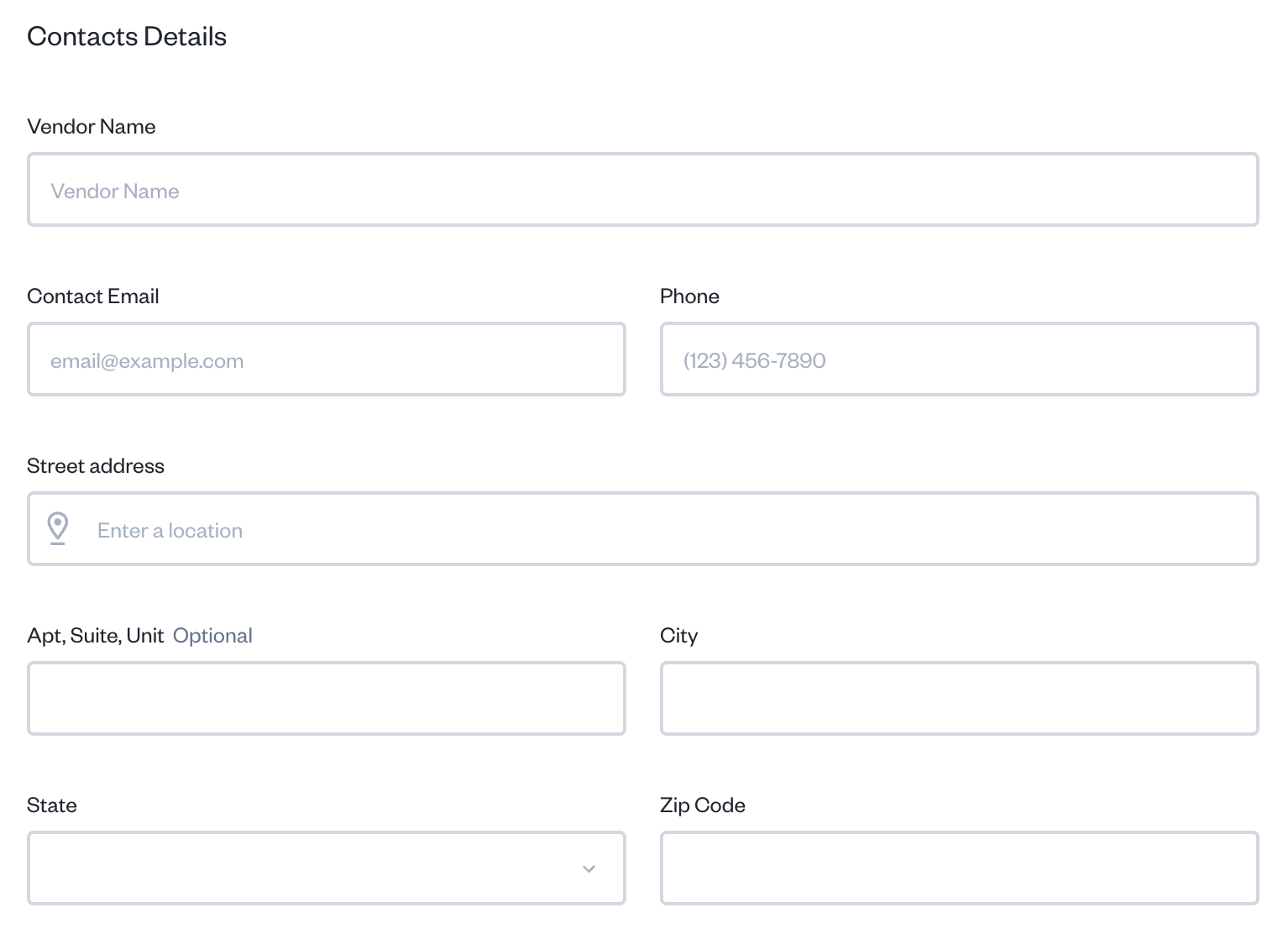 Vendor's contact details with fields to fill out.