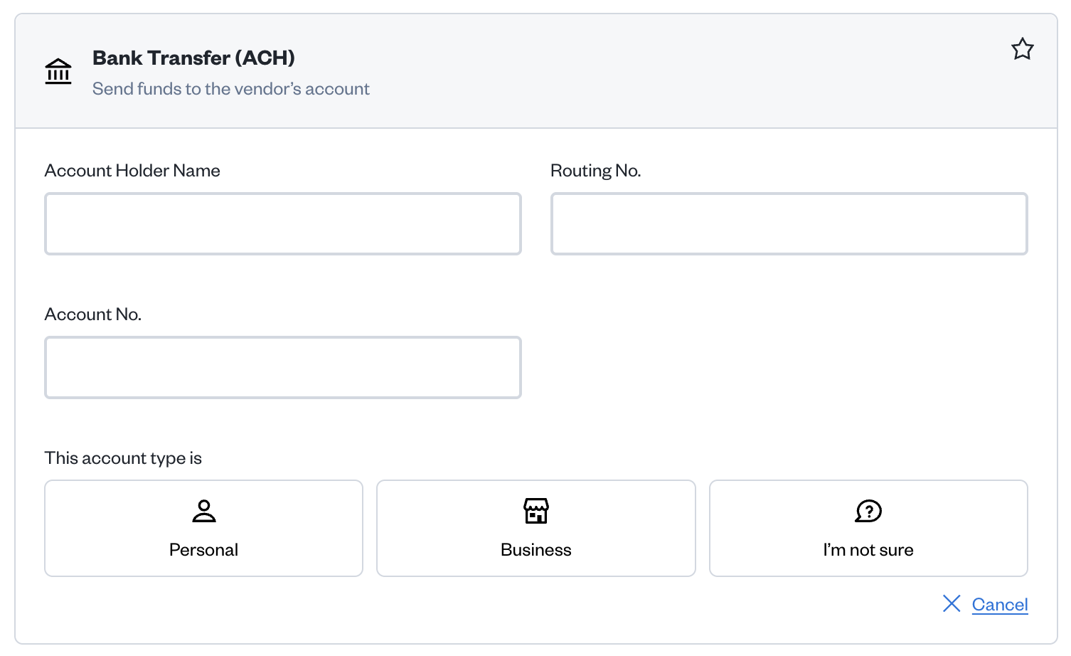 Bank transfer option with fields to fill out.