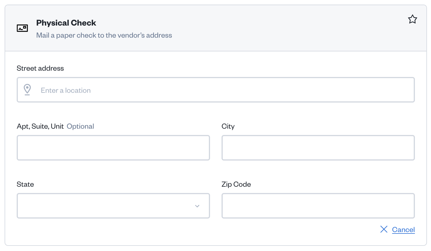 Physical check option with fields to fill out.