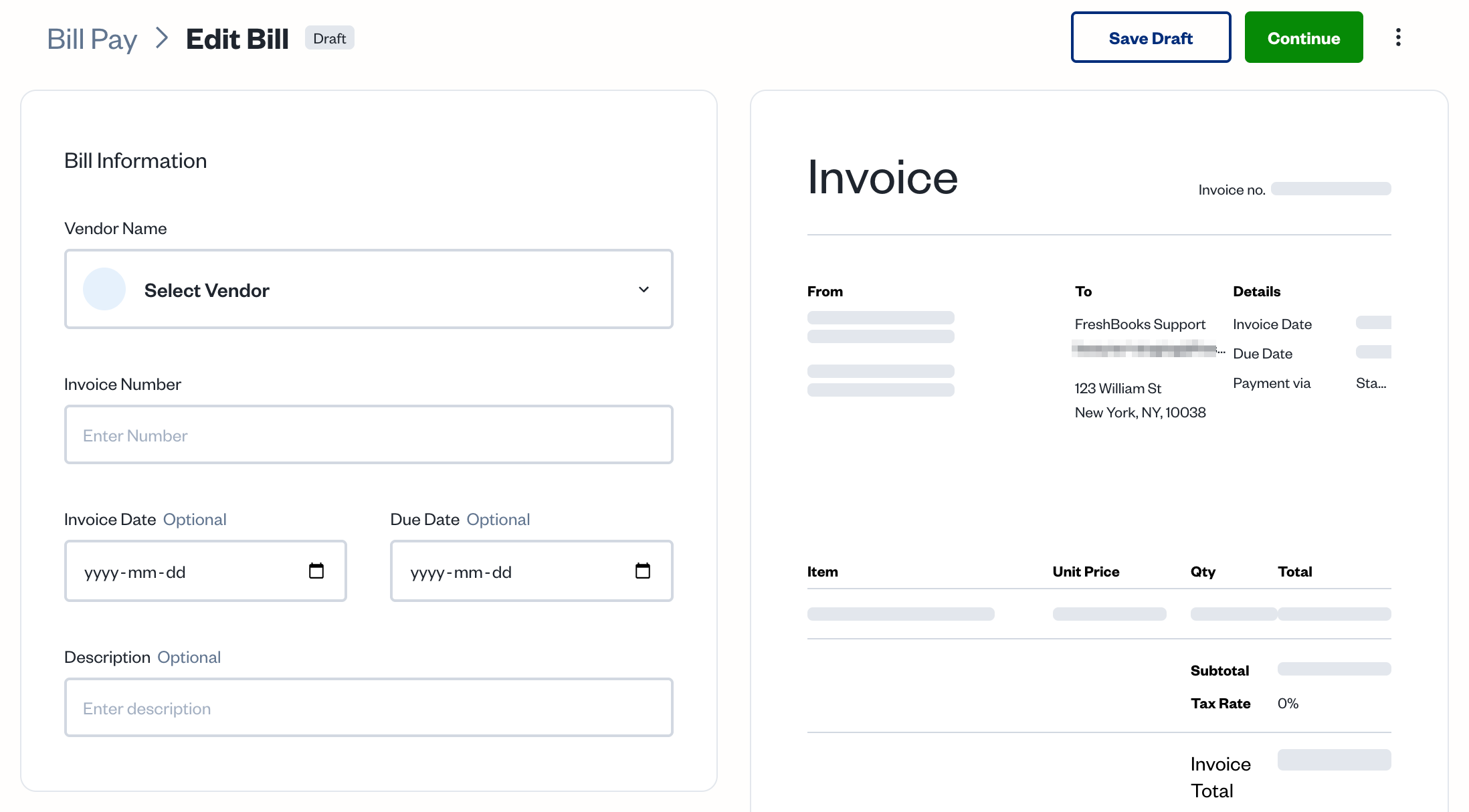 New bill with fields to fill out in bill information section.