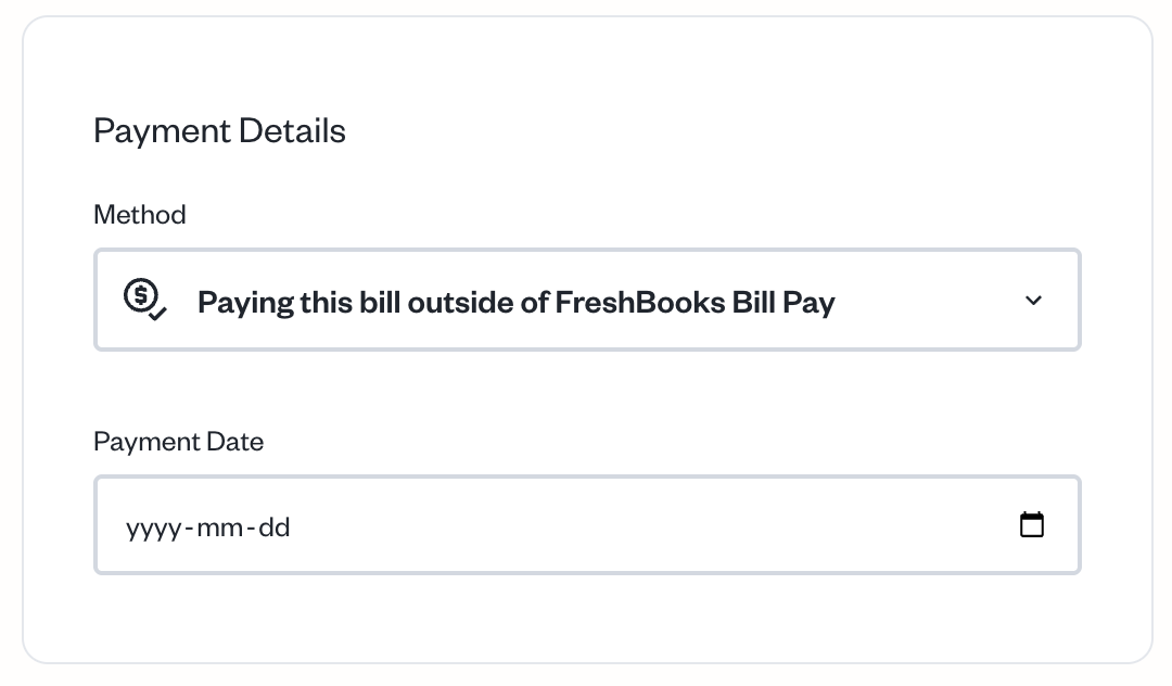 Payment details with outside of FreshBooks Bill Pay selected and field to enter the payment date.