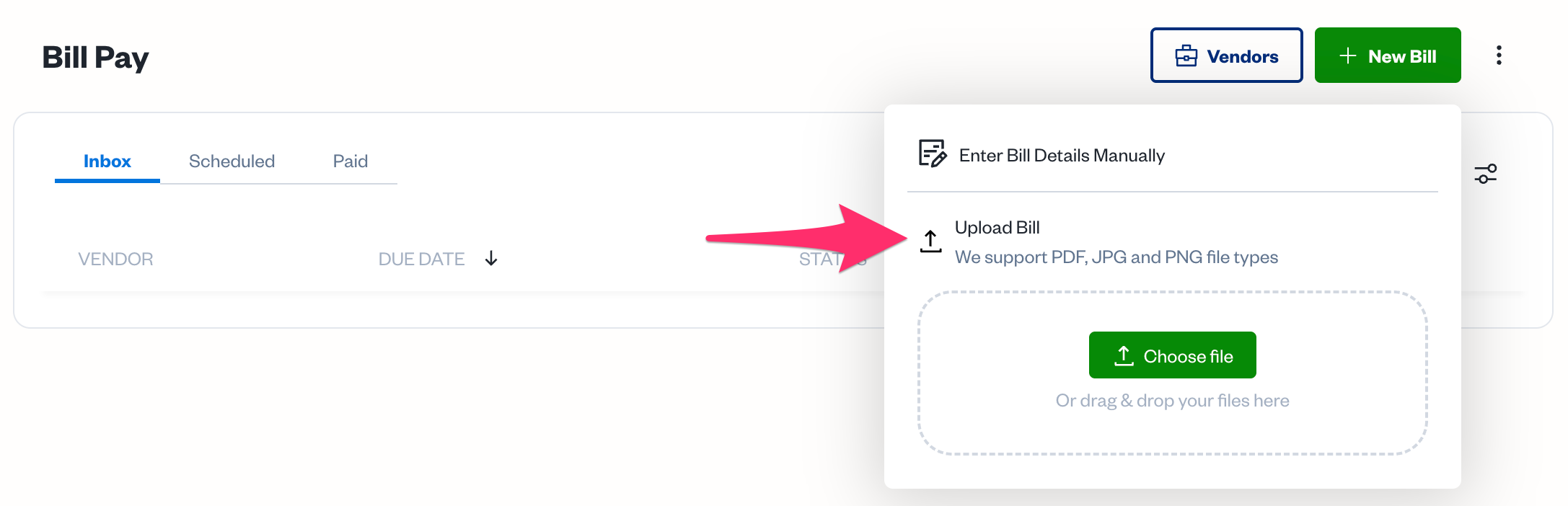 New bill button selected with upload bill option available.