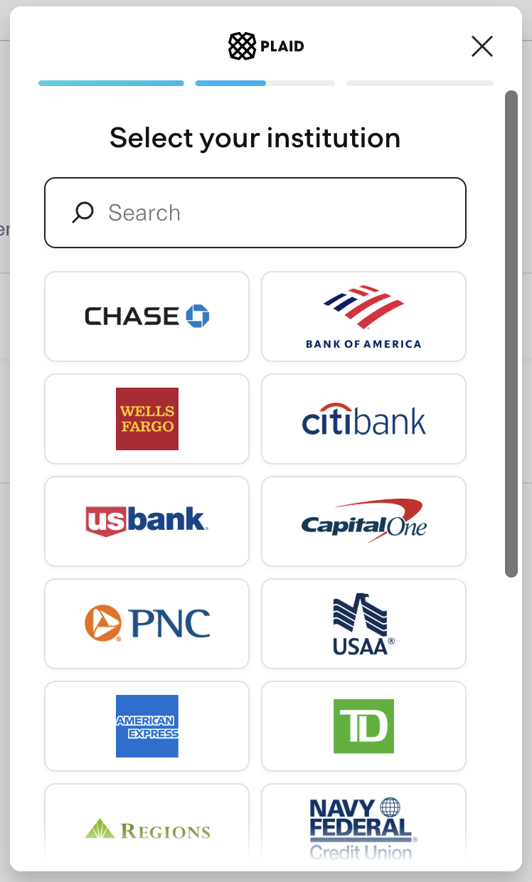 Plaid pop-up with a search field and a list of banks to select.