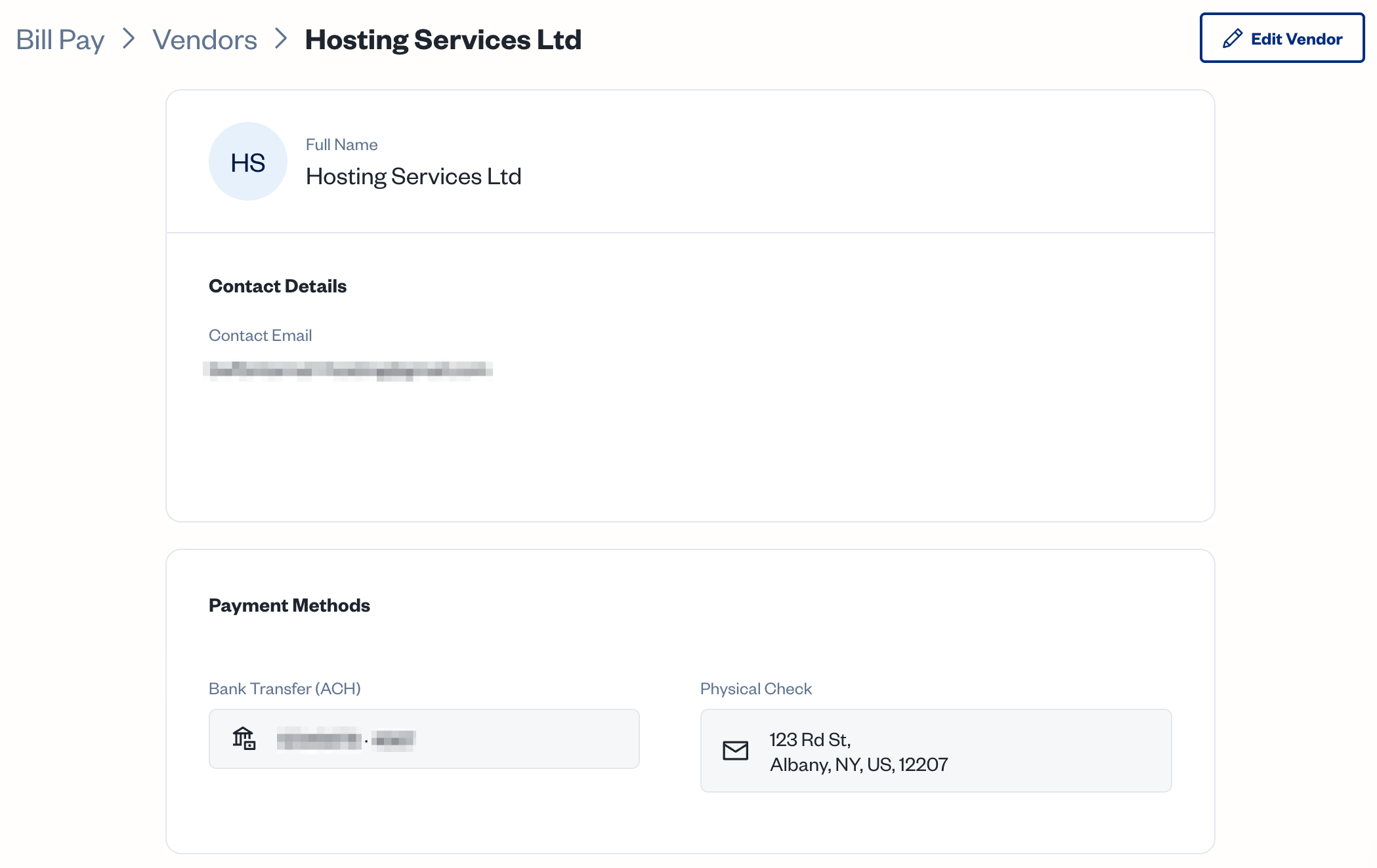 Vendor profile with information displayed including contact details and payment methods.