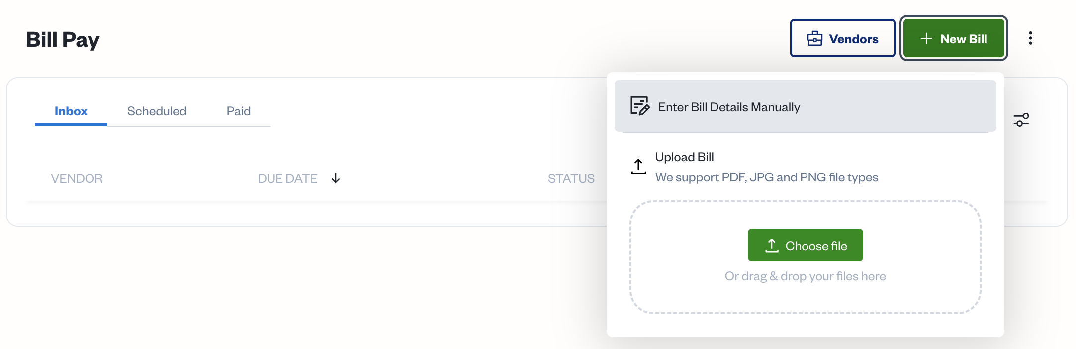 New bill button selected with enter bill details manually option selected.