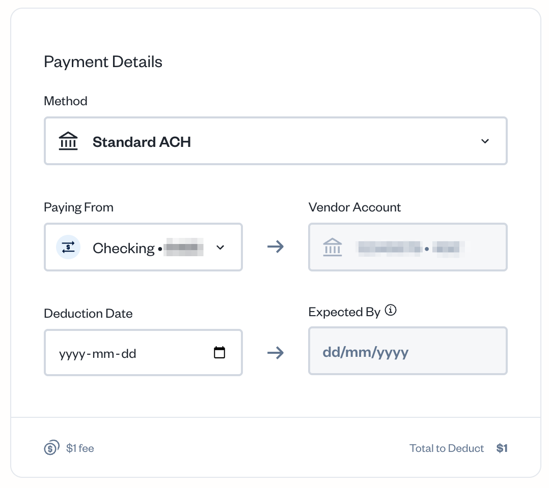Payment details with standard ach selected and fields to fill out.